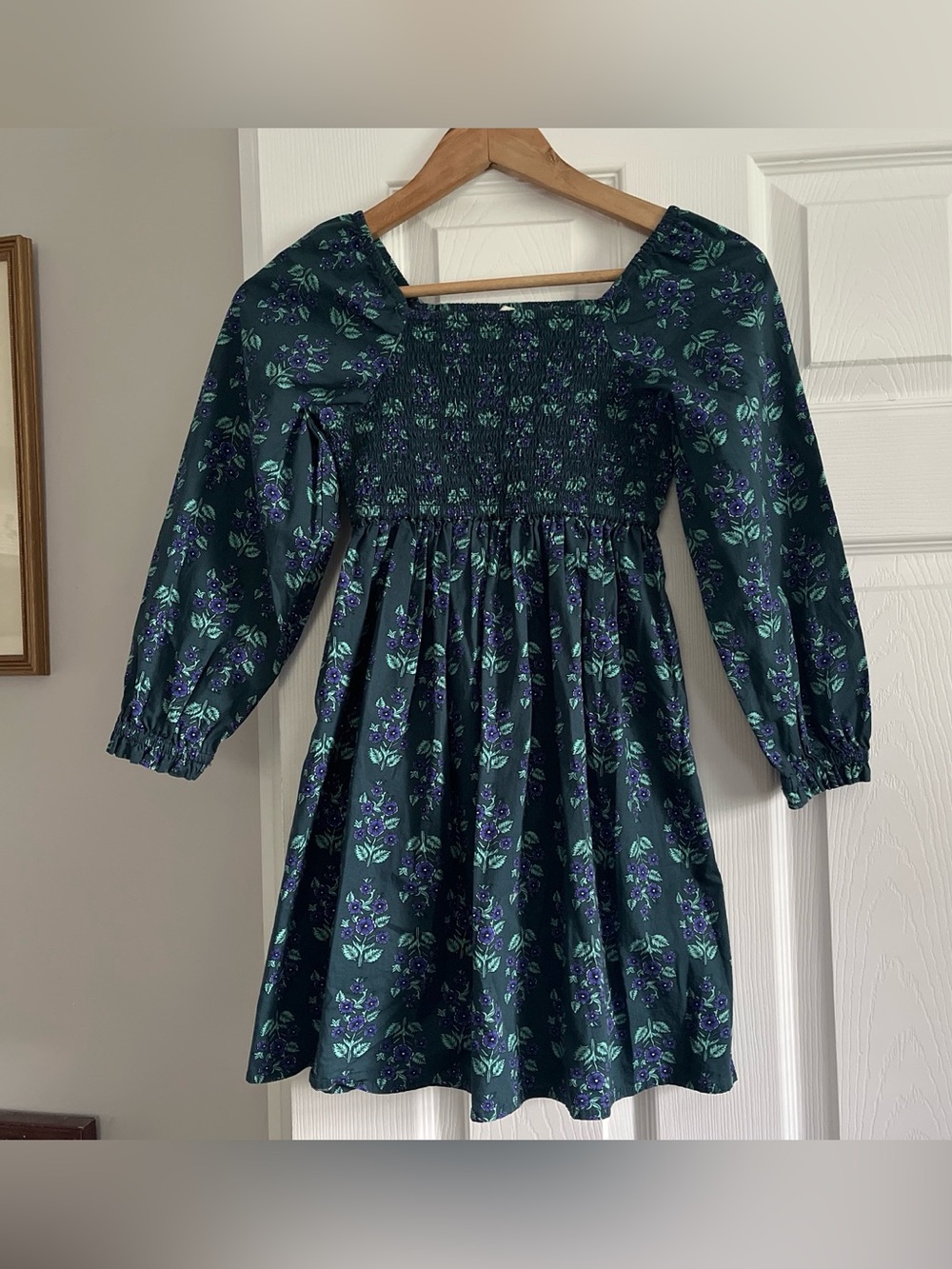 J.Crew Crew Cuts Girls' Hunter green purple  Floral Long-Sleeve Smocked Dress